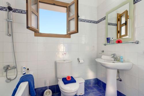 La salle de bains est pourvue d'un lavabo, de toilettes et d'un miroir. dans l'établissement Akamas Bay View Villa, à Pólis Chrysochoús
