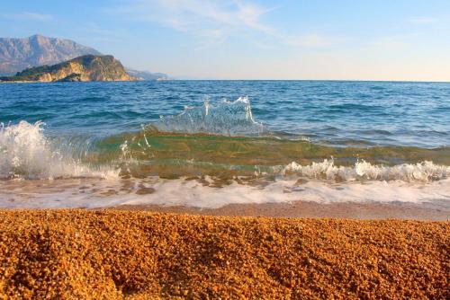a large body of water with a beach and the ocean at Villa Jovana Sea View in Budva