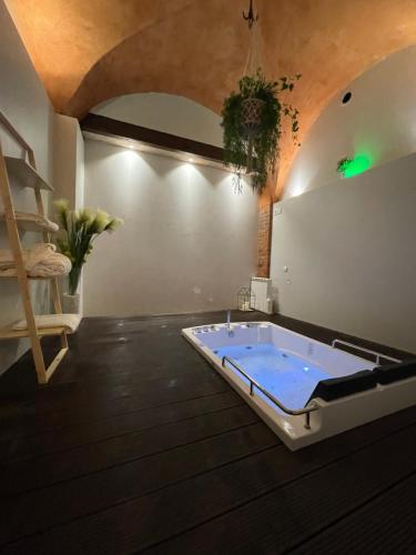 a room with a bath tub in the middle of a room at Nouveau- Maison de ville avec spa in Le Puy en Velay