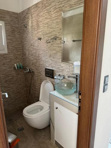 a bathroom with a toilet and a sink and a mirror at ΕΚΑLI ROOMS APARTMENTS in Kalentzi