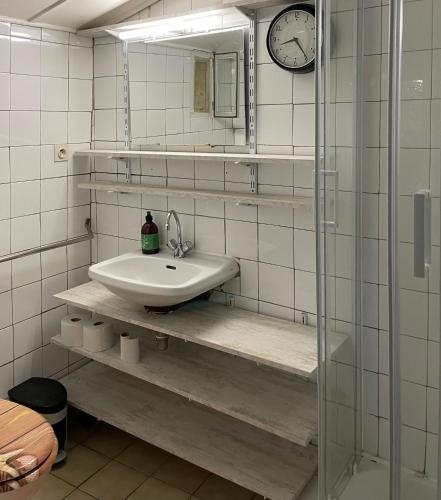 une salle de bain avec un lavabo et un miroir dans l'établissement La petite maison dans le jardin, à Bournazel