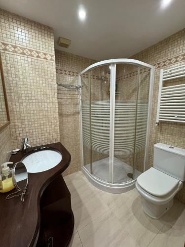 a bathroom with a shower and a toilet and a sink at Costapera in La Pobla de Segur