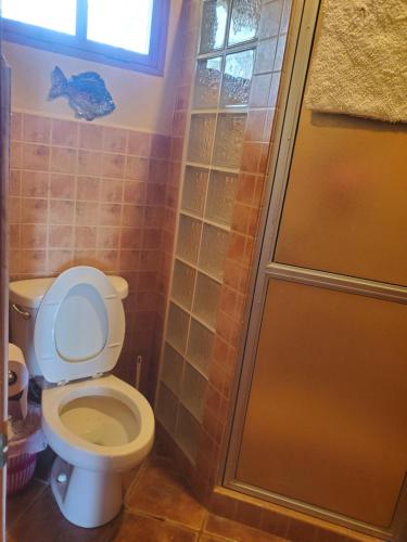 a bathroom with a toilet and a shower at PACIFIC VISTA, Panoramic Beach & Ocean Views in Sámara