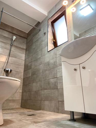 a bathroom with a sink and a toilet at Casa Topazz in Târgu Jiu