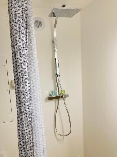 La salle de bains est pourvue d'un pommeau de douche et d'un rideau de douche. dans l'établissement Studio Cosy en centre-ville, à Saint-Brieuc