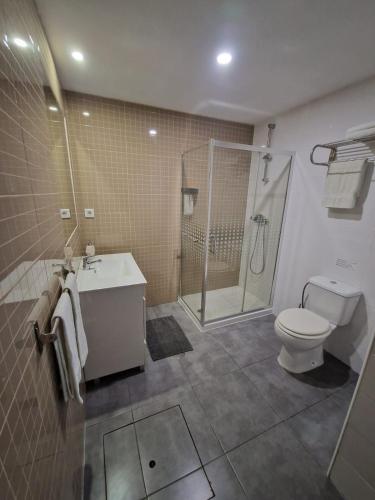 a bathroom with a shower and a toilet and a sink at Casa Pirosa in Aveiro