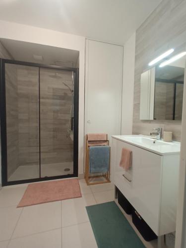 une salle de bain blanche avec une douche et un lavabo dans l'établissement Saint jean gare bel T3 appartement free parking, à Bordeaux