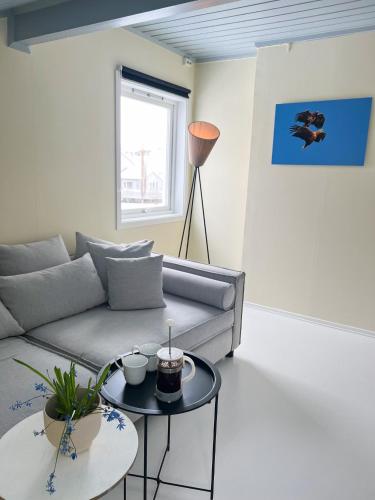 a living room with a couch and a table at Modern house 5 bedrooms 2 baths sentral in Bodø