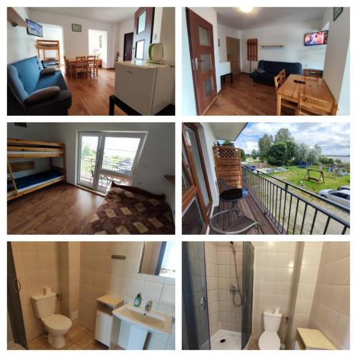 a collage of four pictures of a living room at Hotelik Europa Apartamenty i pokoje gościnne in Unieście
