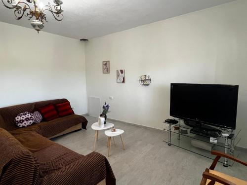 a living room with a couch and a flat screen tv at Maria's house with garden in Sozopoli