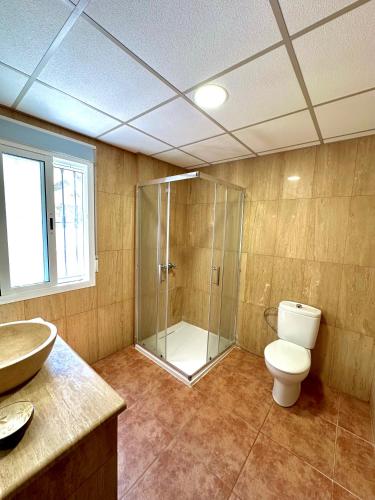 a bathroom with a shower and a toilet and a sink at Casa Rural El Pomelo in Zurgena