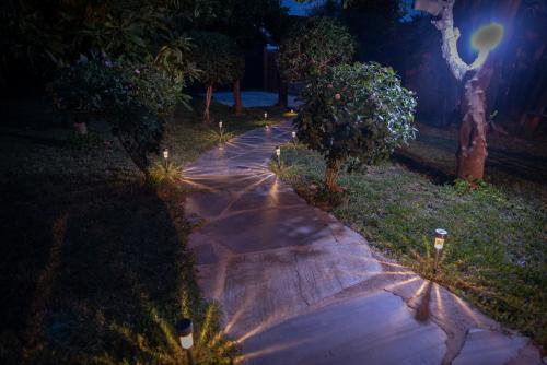 a stone path in a garden at night at El jardín del Edén in Órgiva