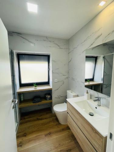 a bathroom with a sink and a toilet and a window at Casa do Cato in Viana do Castelo