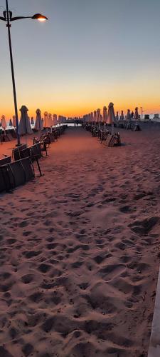 a row of beach chairs and umbrellas on a beach at Sabi Apartment Golem Qerret in Golem