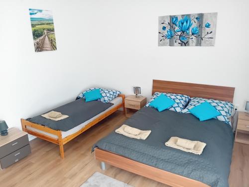 two twin beds in a room with white walls at Finus Ház in Szigliget