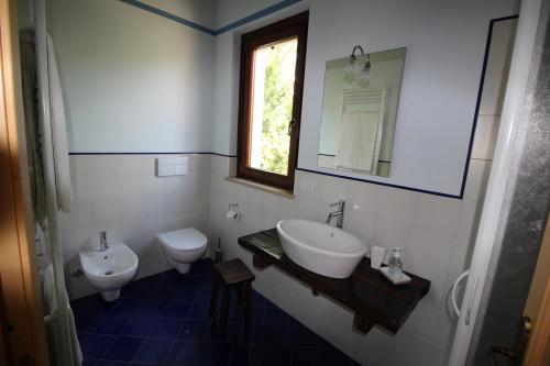 a bathroom with a sink and a toilet and a mirror at Agriturismo L'Arcadia in Citta' Sant'Angelo
