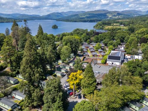 an aerial view of a small town next to a lake at Broad Larch Lodge in Bowness-on-Windermere