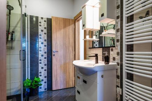 a bathroom with a sink and a shower at Villa Nika in Konjevrate