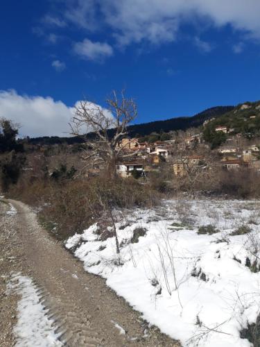 a dirt road with snow on the side of a hill at Feneos apartment in Feneos