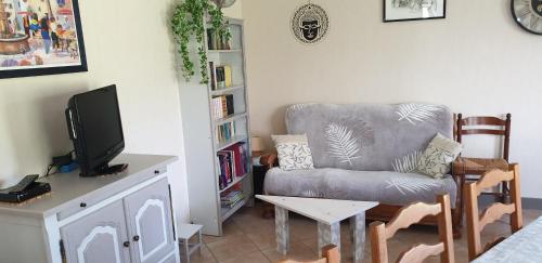 un salon avec une chaise et une télévision dans l'établissement Gîtes Am Go, à Saint-Crépin-et-Carlucet