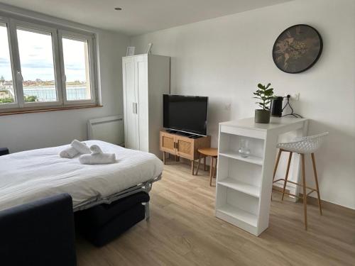 a bedroom with a bed and a tv and a desk at Studio Siana in Chartres