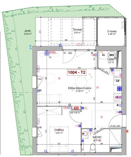 un plan d'étage d'un bâtiment dans l'établissement T2 neuf proche ocean, à Messanges