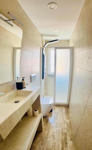 a bathroom with a sink and a toilet and a mirror at Sado Guest House in Alcácer do Sal