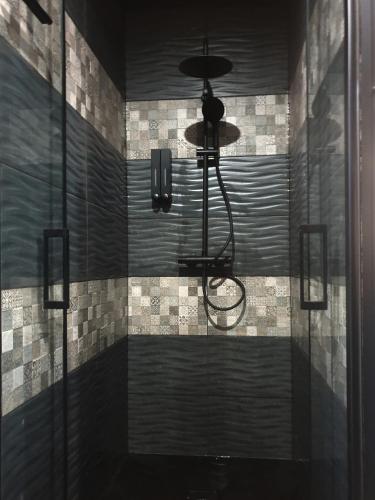 a shower with a chandelier in a bathroom at La Loge in Sinceny