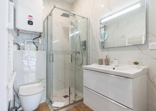 une salle de bain avec une douche, des toilettes et un lavabo dans l'établissement Studio cozy avec terrasse n12, à Nice