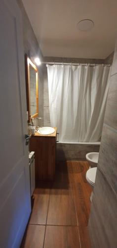 Un baño con dos inodoros, un lavabo y una ducha. en Loft Las Retamas VLA, en Villa La Angostura