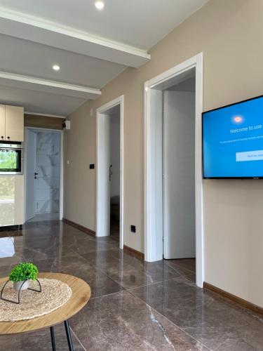 a living room with a tv and a table at Bungalovi izvor Plive 2 in Šipovo