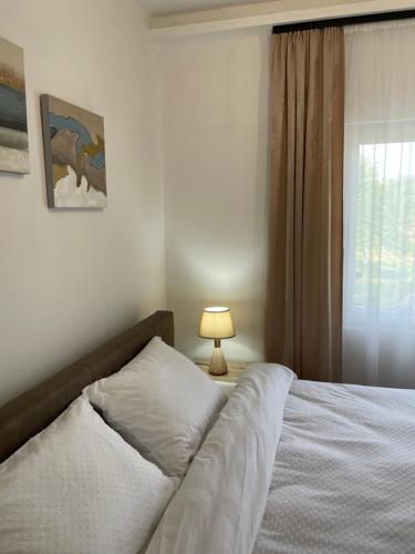 a bedroom with a bed with a lamp and a window at Bungalovi izvor Plive 3 in Šipovo