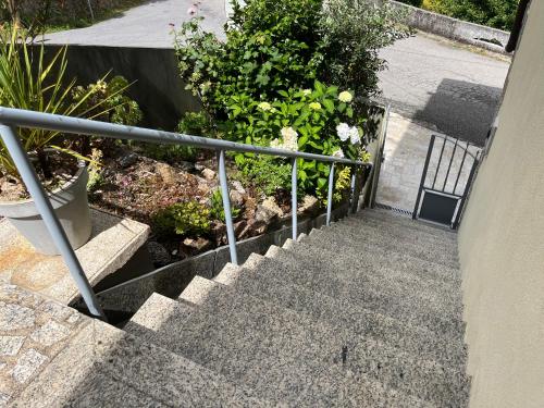 a set of stairs with a railing and plants at Casa de Casarelhos - "Gerês" - Estúdio piso 0 - Apartamento Piso 1 in Geres