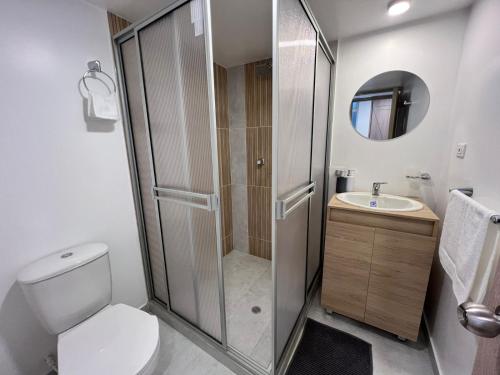 une salle de bains avec douche, toilettes et lavabo dans l'établissement aparta estudio de lujo, à Pasto