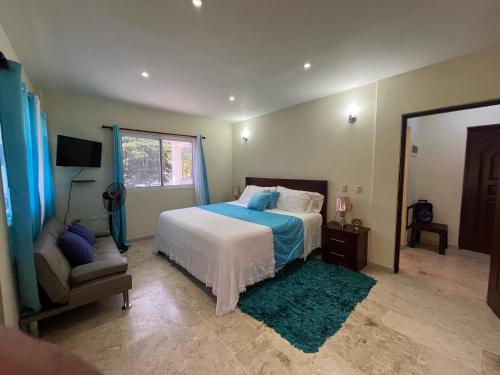 una camera con letto, sedia e specchio di Beach Apartment on Samana Bay with Pool, AC, Fast Wi-Fi, Walk to Beach & River, Whale Watching, Near Salto El Limón a Santa Bárbara de Samaná