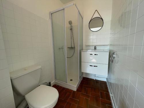 une salle de bain avec toilettes et douche dans l'établissement Appartement T2 rénové, climatisé, Wi-Fi, à 300m de la plage et proche commerces - Argelès-sur-Mer - FR-1-309-446, à Argelès-sur-Mer