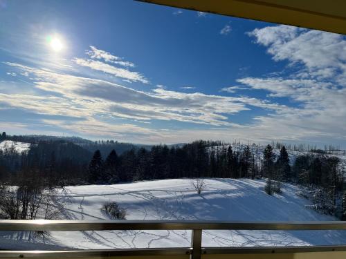 a view from a window of a snow covered field at Atempause und erholsame Zeit im Harz in Braunlage