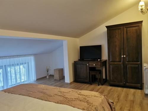 a bedroom with a bed and a flat screen tv at Pensiunea Almas in Piatra Neamţ