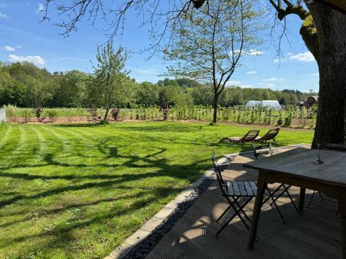 a picnic table and bench in a field of grass at Hinkelshof - als Ferienwohnung - Selbstversorgerküche & Aufenthaltsräume - Südeifel, Mullerthal, Vianden in Körperich