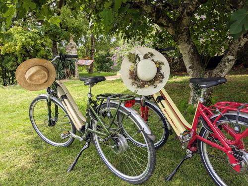 zwei Fahrräder nebeneinander auf dem Rasen geparkt in der Unterkunft Les Pierres Lotoises- le cottage in Reilhaguet