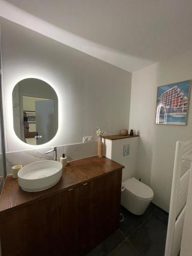 une salle de bain avec un lavabo et des toilettes dans l'établissement Un air de Seventies avec grande terrasse, à La Rochelle