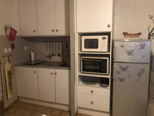une petite cuisine avec un micro-ondes et un réfrigérateur dans l'établissement Clairière, à Cazaubon