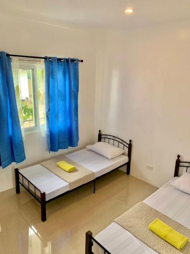two beds in a room with blue curtains at Divers Lodge Plumeria in Moalboal