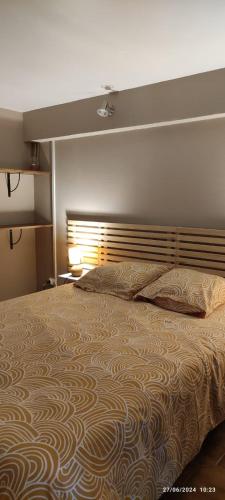 une chambre avec un grand lit avec une tête de lit dans l'établissement A l ombre du figuier, à Cagnac-les-Mines