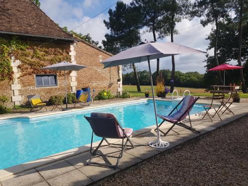 - un groupe de chaises et un parasol à côté de la piscine dans l'établissement Gîte Périgourdin la Picherie, à Montpon-Ménestérol