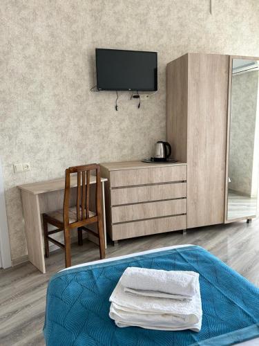 トビリシにあるTbilisi Center Hotelのベッドルーム(テレビ、ベッド、椅子付)