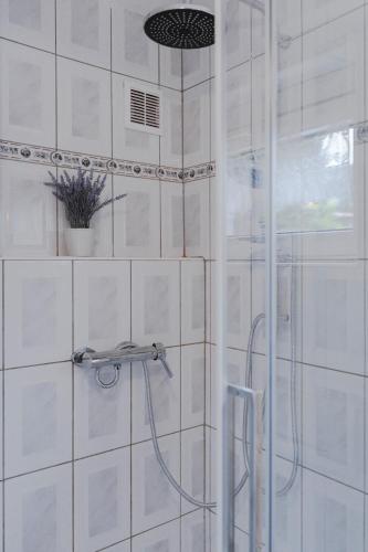 a bathroom with a shower with a glass door at Dom na Zaciszu Charzykowy in Charzykowy