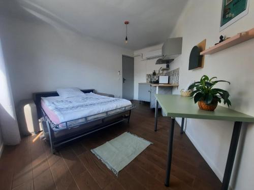 - une chambre avec un lit et une table verte dans l'établissement La Chambre 3, Climatisée AC, Cuisine privée, Calme, à Nice