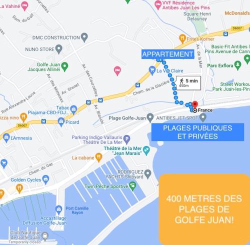 une carte avec des pointeurs vers différents endroits d'Epcot dans l'établissement Cosy 1 bed in Golfe Juan - tennis * pool & beach!, à Vallauris