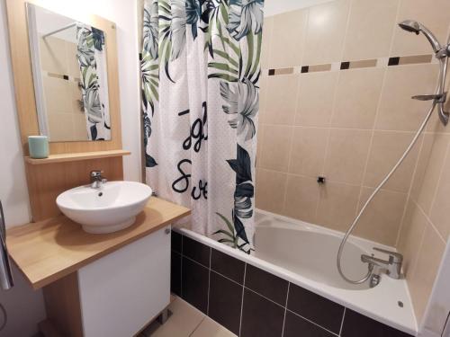une salle de bain avec un lavabo et un rideau de douche dans l'établissement Nouveau - Le Colibri, à Nantes